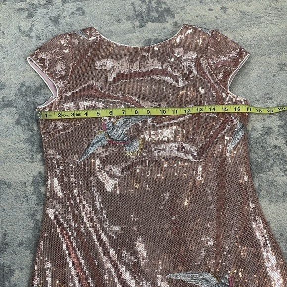 LOB Sequin Dress with Bird Embroidery Mini Shift V Back Sparkle Party Sz S - Picture 6 of 11